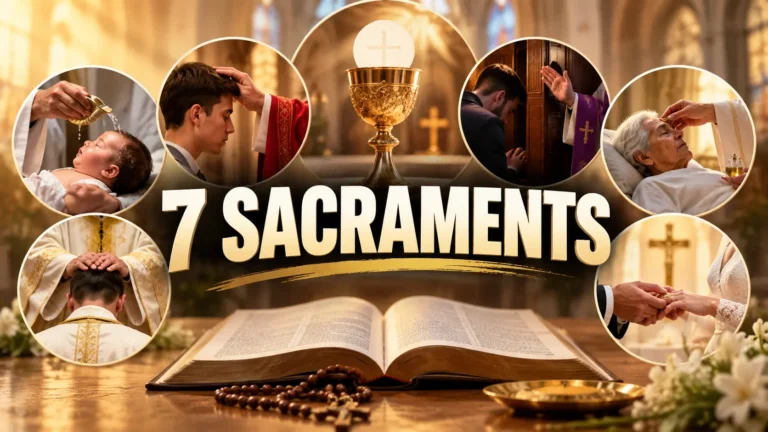 Illustration of the seven Catholic sacraments, including Baptism, Confirmation, Eucharist, Reconciliation, Anointing of the Sick, Holy Orders, and Matrimony.