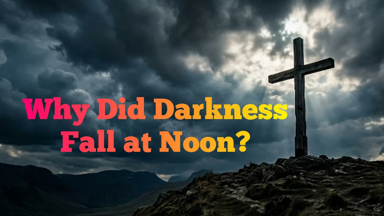 Dark sky covering the crucifixion scene with three crosses on Calvary at midday