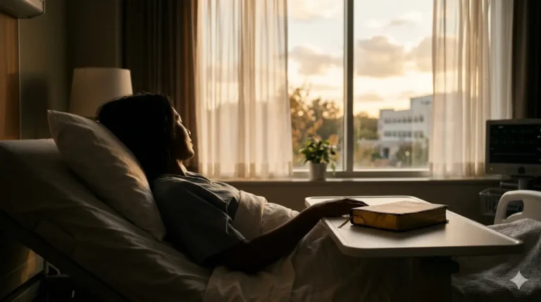 Person resting in hospital bed with Bible symbolizing hope and faith during illness