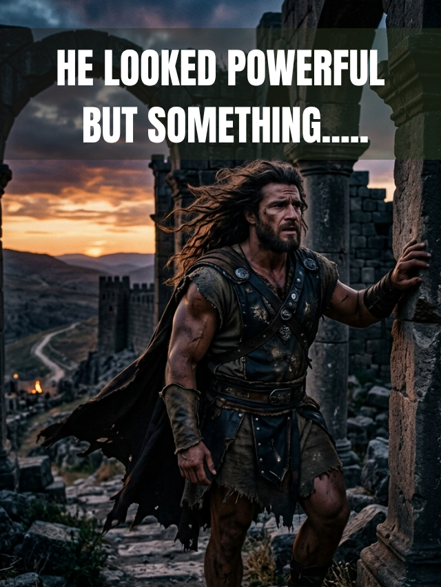 Samson standing alone at twilight, strong in appearance but carrying a troubled and restless expression