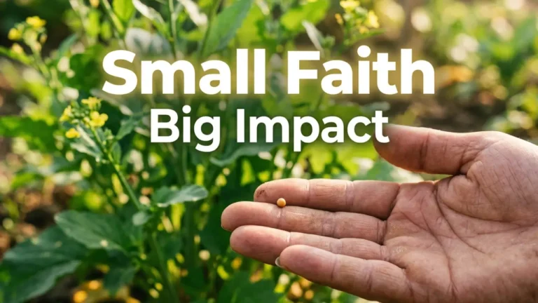 mustard seed in hand with growing plant background faith concept