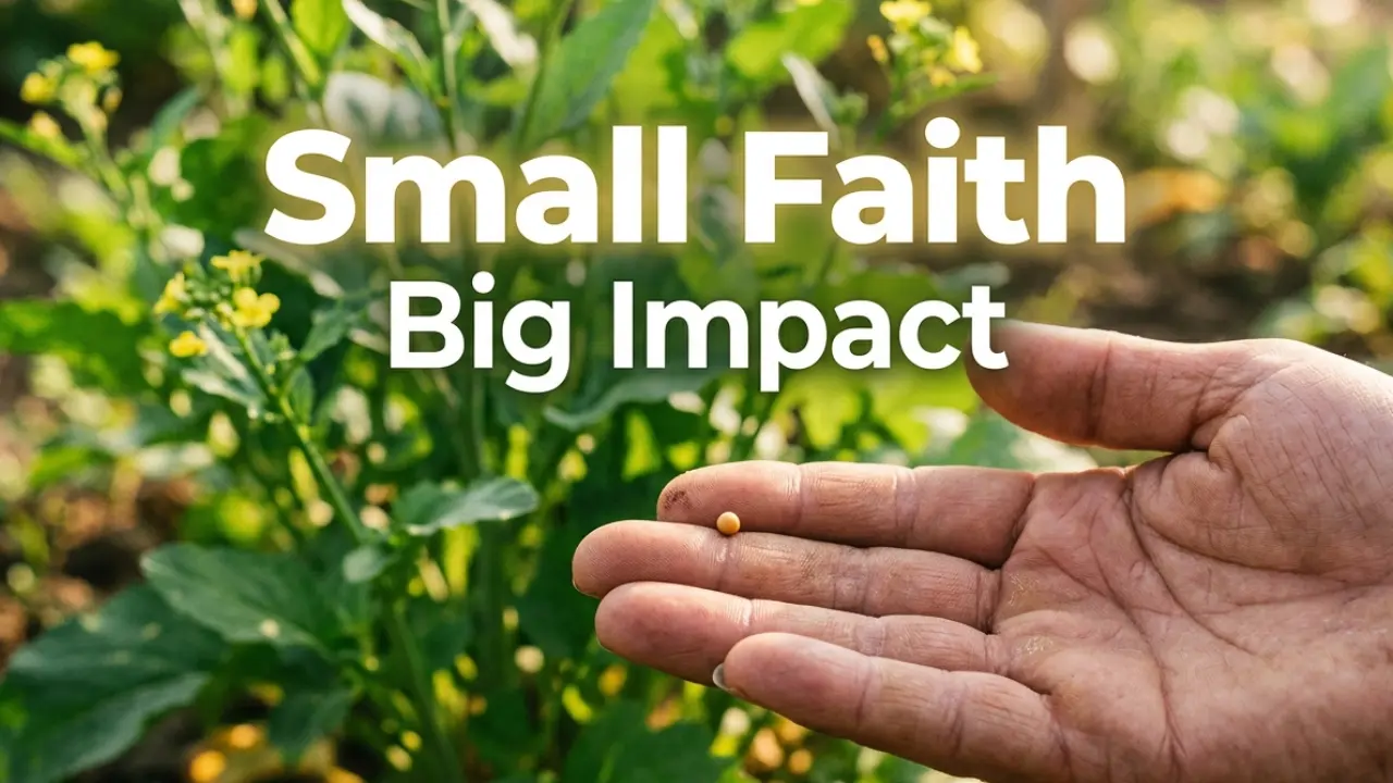 mustard seed in hand with growing plant background faith concept