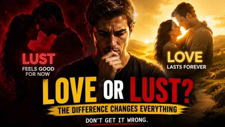 Cinematic 16:9 feature image showing a man thinking between two contrasting relationship scenes, with red-toned “Lust” imagery on one side and warm golden “Love” imagery on the other, featuring bold text overlay that reads “LOVE OR LUST?” and “The Difference Changes Everything.”