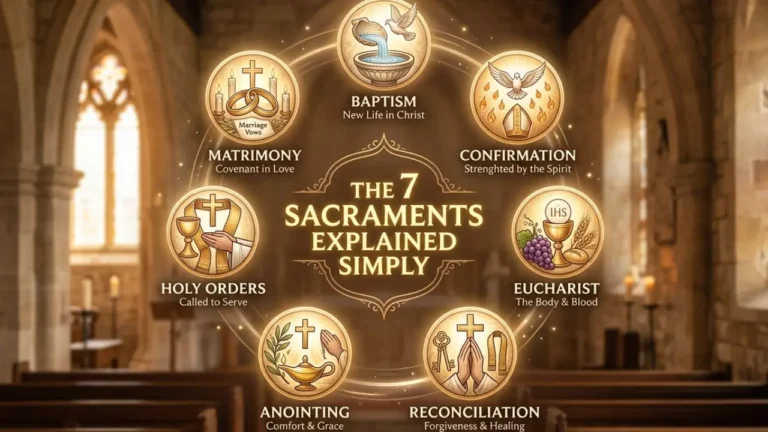 Seven sacraments of Christianity illustrated with symbols including baptism water, communion bread and wine, and holy orders staff