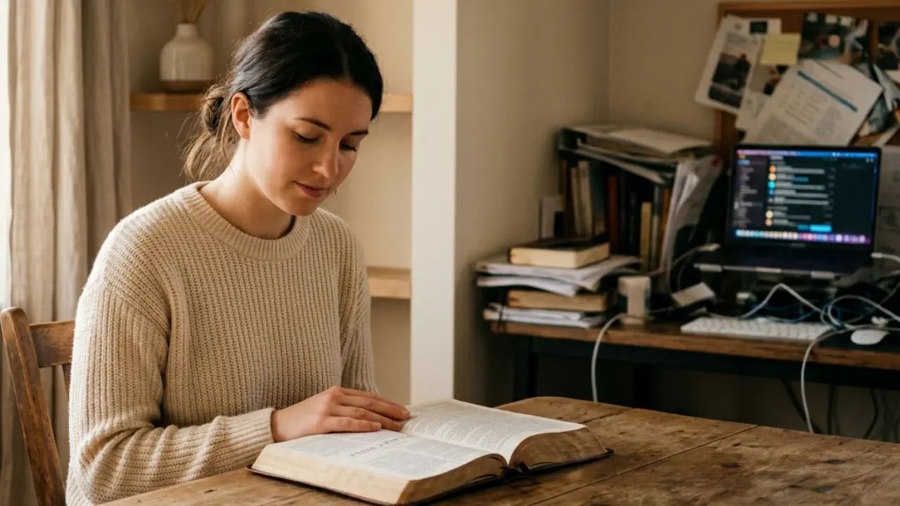 Person reading the Bible in a quiet space showing spiritual focus contrasted with a distracted and cluttered environment