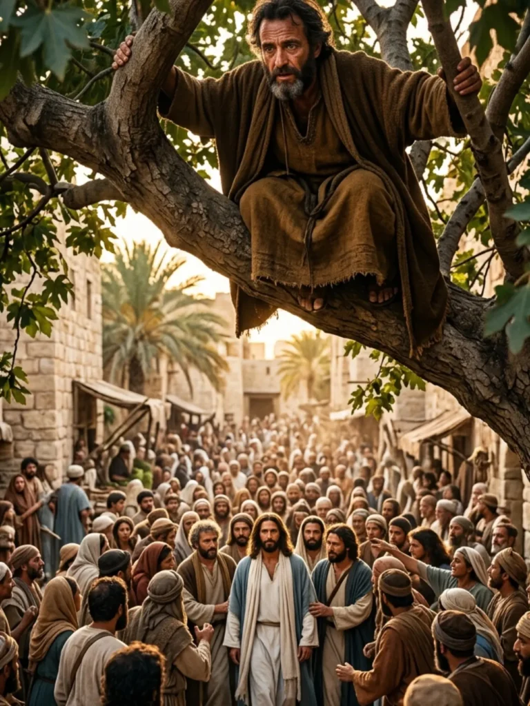 Zacchaeus in a tree watching Jesus pass below, filled with curiosity before a life-changing moment