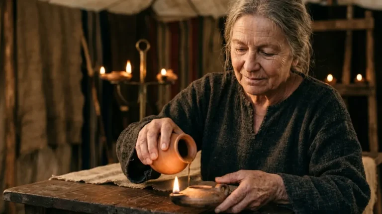 Oil being poured from a clay jar during biblical worship, representing anointing and sacred use