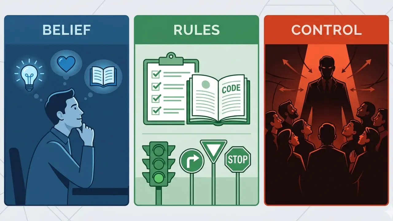 Illustration showing the difference between creed (belief), code (rules) and cult (control)
