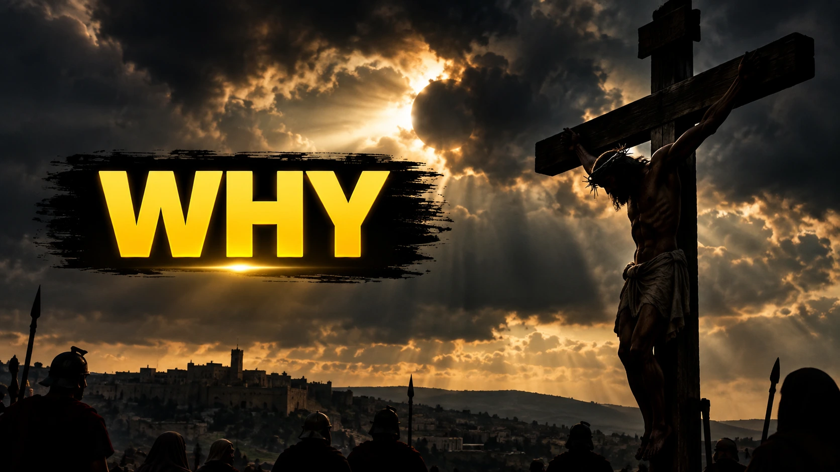 Jesus hanging on the cross beneath a darkened midday sky, with dramatic clouds over Jerusalem during the crucifixion.