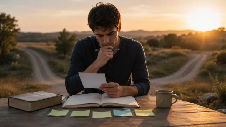 A man thoughtfully reviewing notes beside a Bible at a forked road, representing biblical discernment and seeking God’s guidance before making a decision