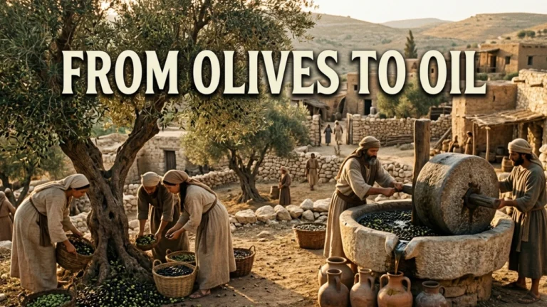 Ancient biblical oil making scene showing olives being harvested and pressed into oil with clay jars nearby