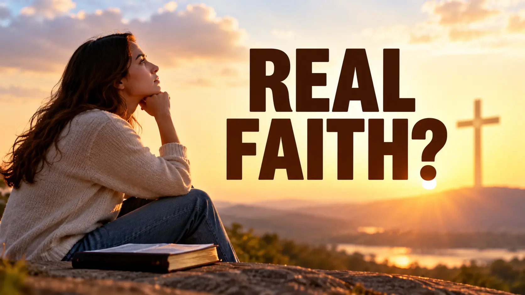 A thoughtful woman sits beside an open Bible at sunset, looking toward a distant cross, with bold text reading “REAL FAITH?” symbolizing questions about belief in God.