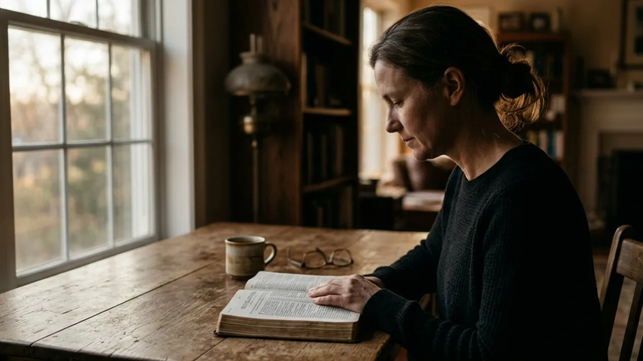 Person reading an open Bible at Revelation 1 in soft natural light