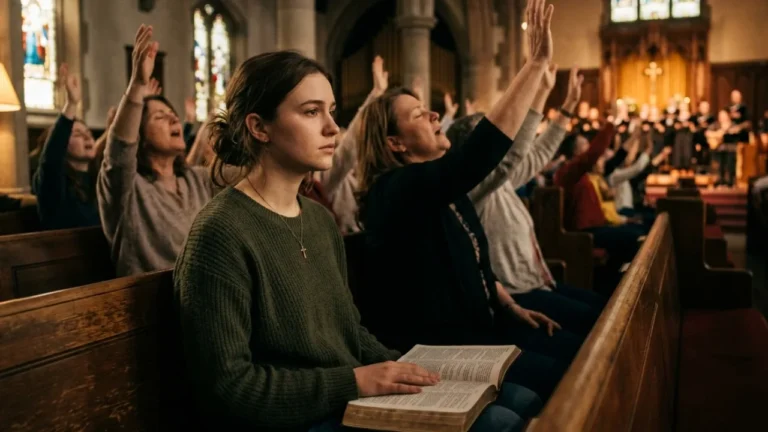 person sitting in church feeling disconnected while others worship, reflecting routine faith