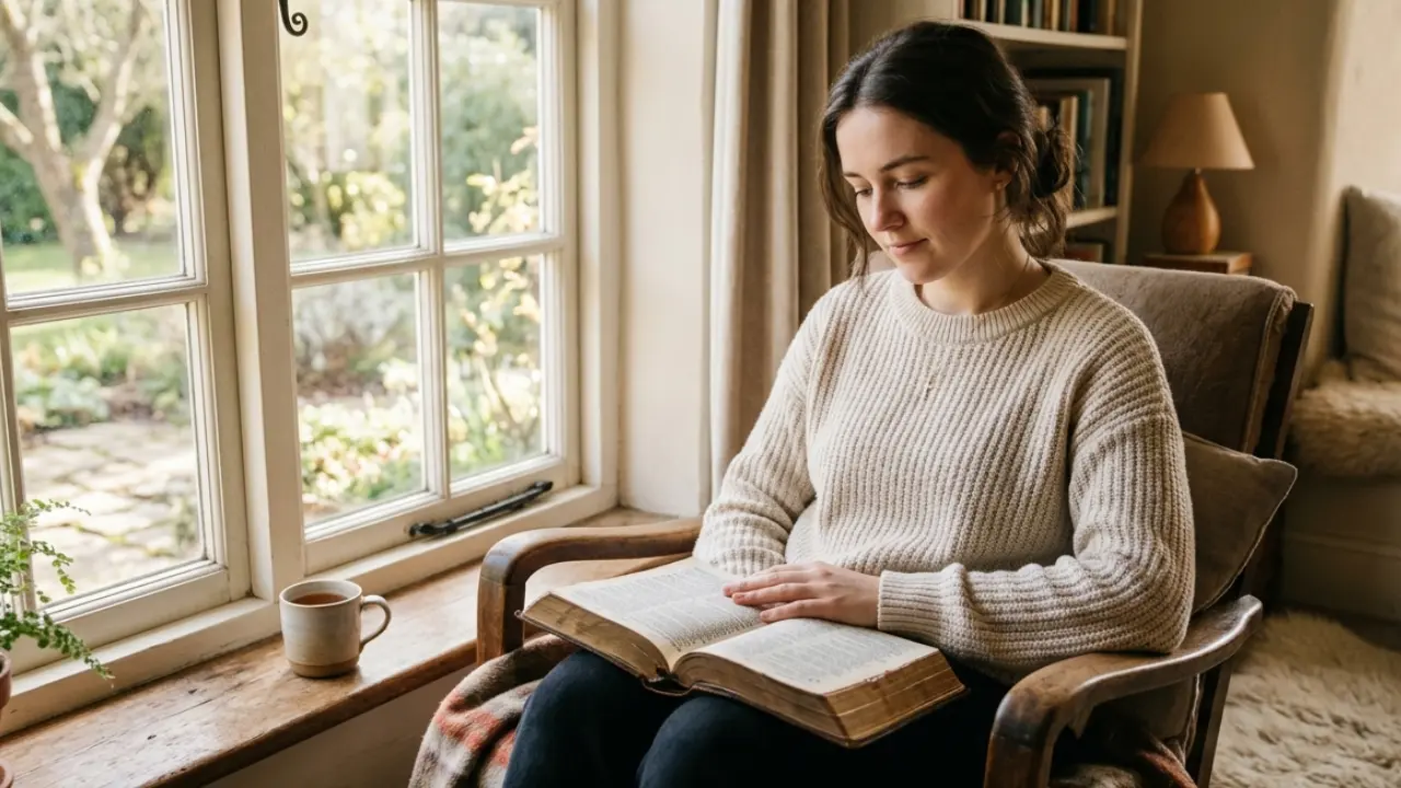 person praying in soft morning light with open Bible