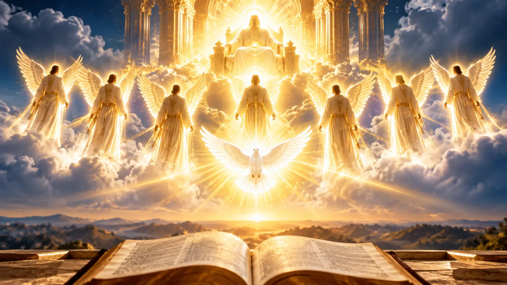 Biblical illustration of Revelation 1:4 showing seven heavenly angels, a white dove symbolizing the Holy Spirit and God's radiant throne above the clouds, with an open Bible in the foreground.