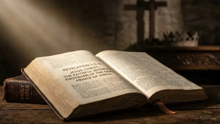 Open Bible with soft light, crown, and cross shadow representing Revelation 1:5 and Jesus as faithful witness, risen King and Redeemer