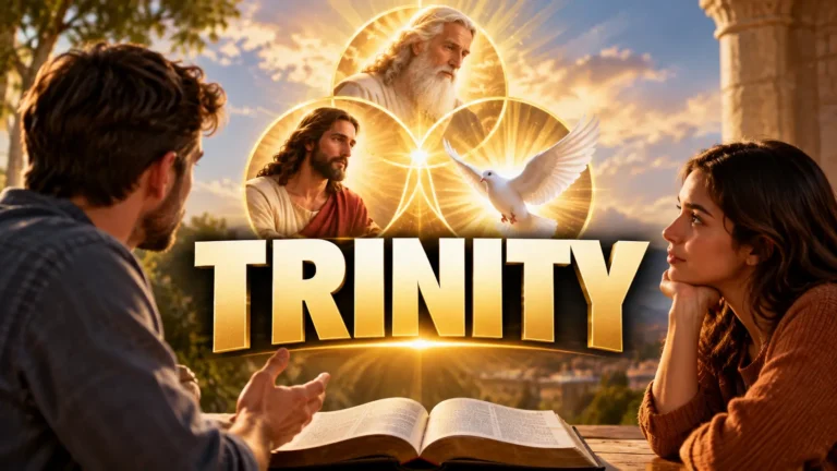 Illustration of the Holy Trinity showing God the Father, Jesus Christ, and the Holy Spirit as a dove, with two people discussing the Trinity over an open Bible.
