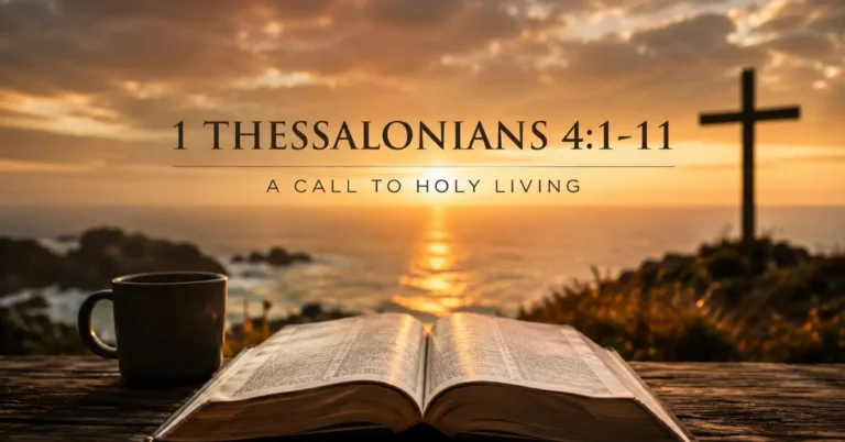 Open Bible beside a cross at sunset with the text “1 Thessalonians 4:1–11: A Call to Holy Living.”