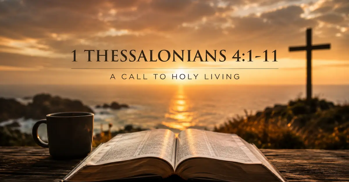 Open Bible beside a cross at sunset with the text “1 Thessalonians 4:1–11: A Call to Holy Living.”