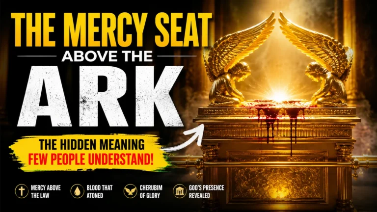 Cinematic illustration of the mercy seat above the ark of the covenant showing golden cherubim, blood on the mercy seat, and divine light symbolizing atonement and God’s presence.