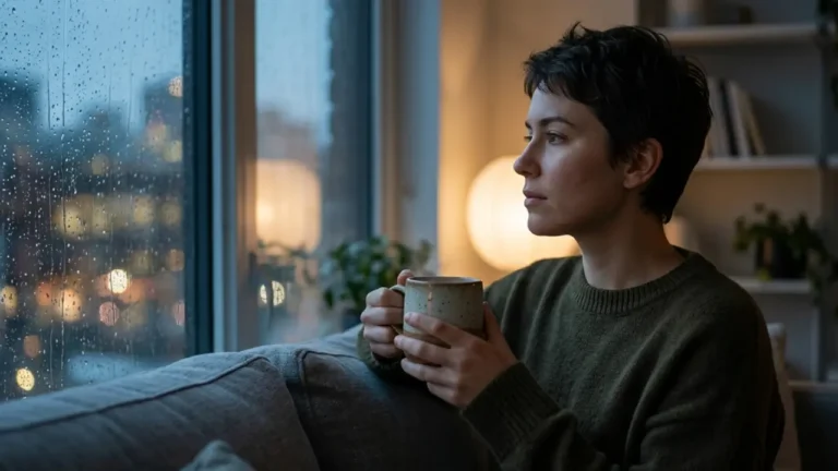 A cinematic 16:9 lifestyle photograph of a person with short dark hair sitting on a grey couch in a dimly lit modern living room at dusk.