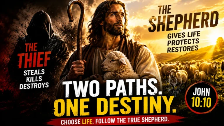Cinematic 16:9 Christian feature image showing Jesus as the Good Shepherd holding a lamb between two contrasting scenes: a dark shadowy thief representing destruction on one side and a golden peaceful field of sheep on the other, with bold text overlay reading “Two Paths. One Destiny.” and “John 10:10.”