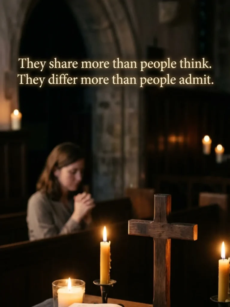 A balanced Christian worship setting with Bible, cross, and candlelight, reflecting both shared faith and doctrinal difference