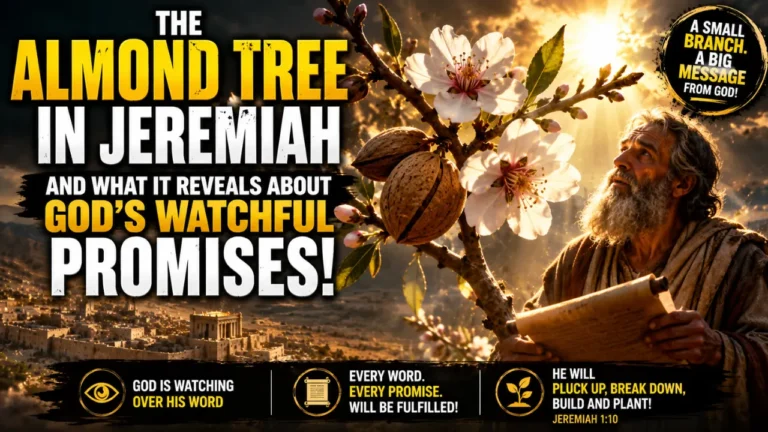 Cinematic illustration of Jeremiah holding a scroll beside a blossoming almond tree symbolizing God watching over His word in Jeremiah 1:11–12.