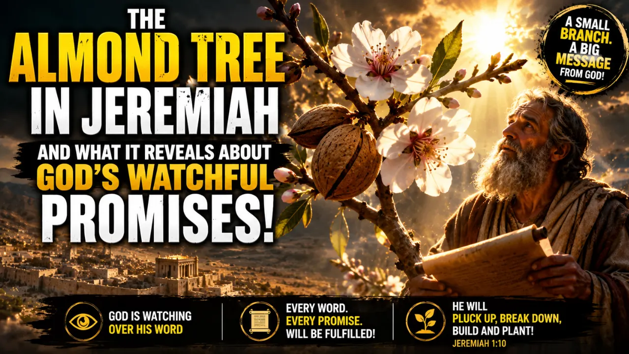 Cinematic illustration of Jeremiah holding a scroll beside a blossoming almond tree symbolizing God watching over His word in Jeremiah 1:11–12.