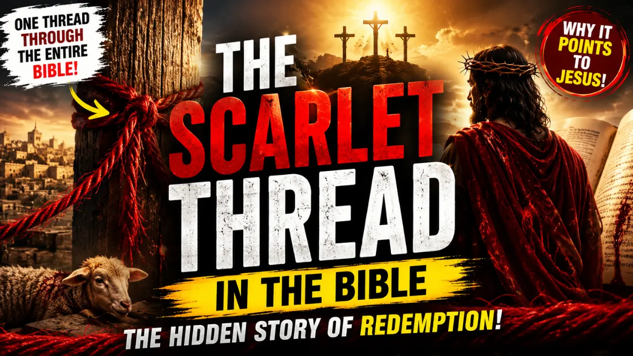 Scarlet thread of redemption in the Bible with cross, red cord and Jesus cinematic artwork