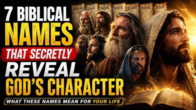 Cinematic Christian feature image showing Jesus and major biblical figures beside glowing ancient scrolls with bold text reading “7 Biblical Names That Secretly Reveal God’s Character” against a dramatic golden biblical background.