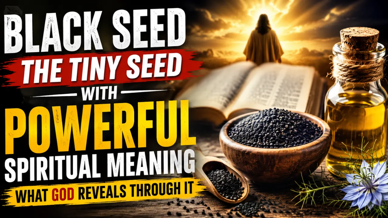 Cinematic feature image showing black seed, an open Bible, glowing light, and bold text about the spiritual meaning of black seed and God’s provision.