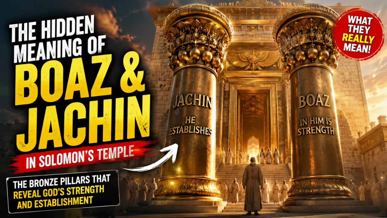 Cinematic illustration of the bronze pillars Boaz and Jachin standing before Solomon’s Temple with ornate capitals, pomegranates, and glowing covenant symbolism representing God’s strength and establishment.