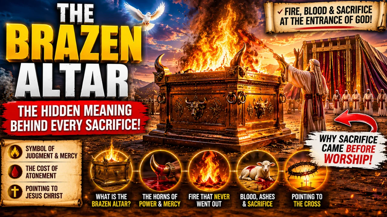Cinematic illustration of the brazen altar in the tabernacle showing fire, sacrifice, blood, priests, and bronze symbolism pointing to atonement and Christ’s sacrifice.