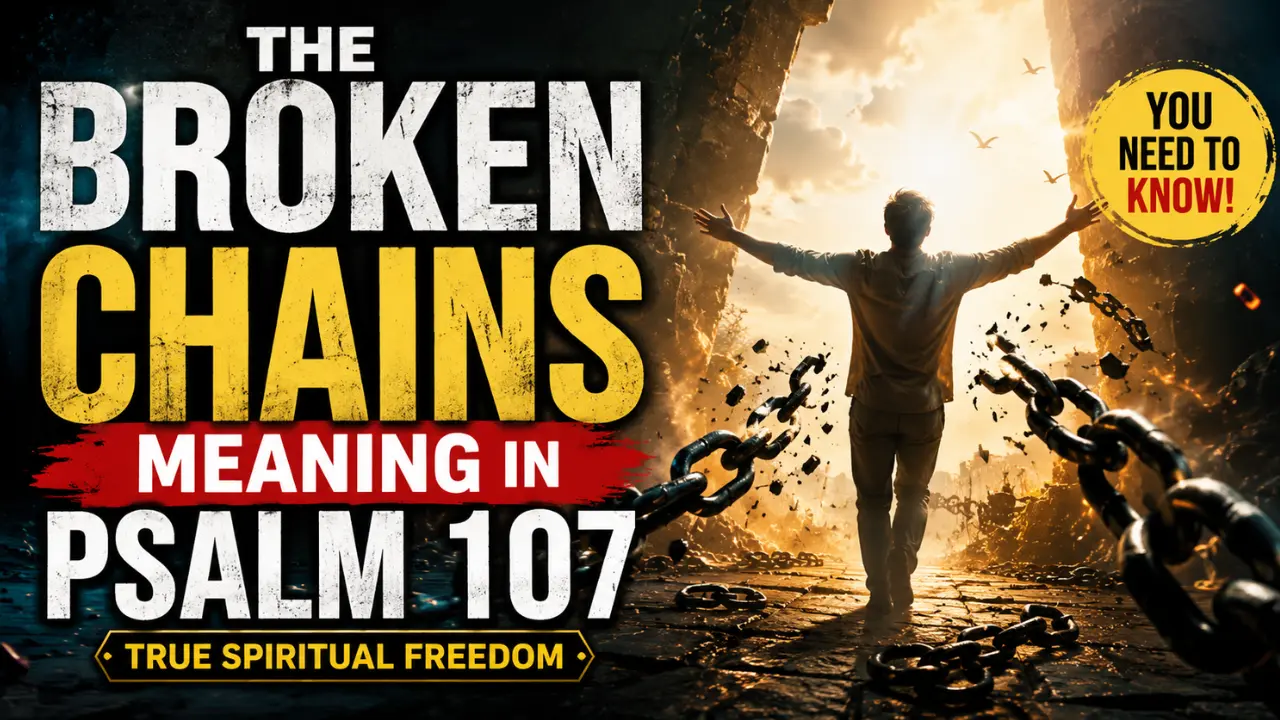 Cinematic illustration of broken chains in Psalm 107 symbolizing spiritual freedom, divine deliverance, and God bringing captives out of darkness.