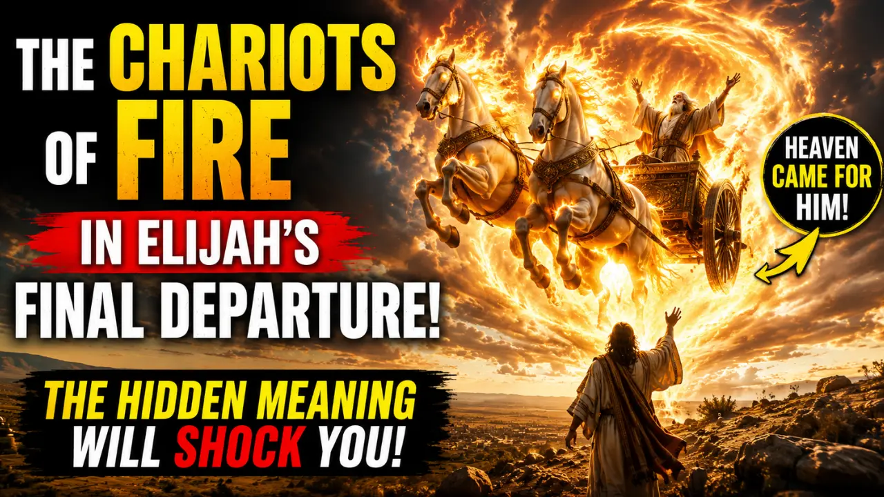 Cinematic illustration of Elijah ascending in a whirlwind beside fiery chariots and horses of fire while Elisha watches in awe during the prophet’s final departure in 2 Kings 2.