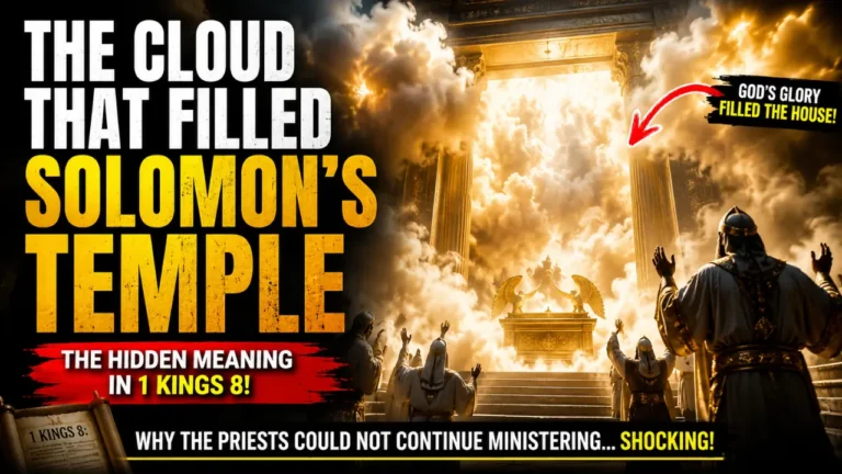 Cinematic illustration of God’s glory cloud filling Solomon’s Temple in 1 Kings 8 as priests stand in awe before the overwhelming presence of God.