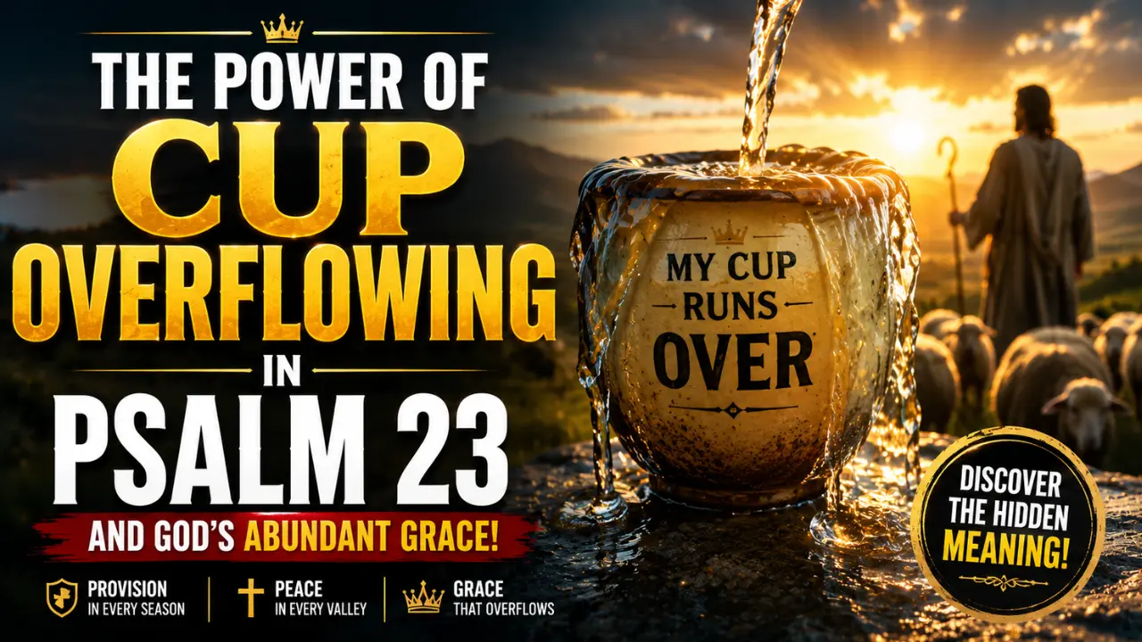 Cinematic Christian feature image showing an overflowing cup in Psalm 23 with a shepherd at sunset, symbolizing God’s abundant grace, provision, and overflowing mercy.