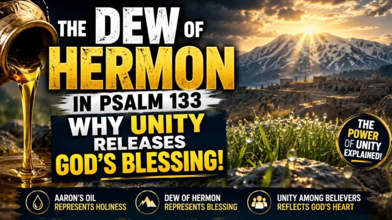 Cinematic illustration of the Dew of Hermon in Psalm 133 featuring Mount Hermon, flowing anointing oil, morning dew, and bold text about unity and God’s blessing.