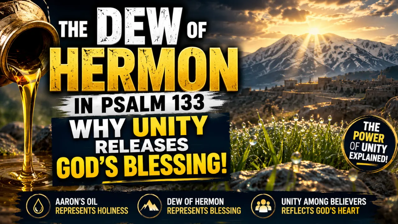Cinematic illustration of the Dew of Hermon in Psalm 133 featuring Mount Hermon, flowing anointing oil, morning dew, and bold text about unity and God’s blessing.