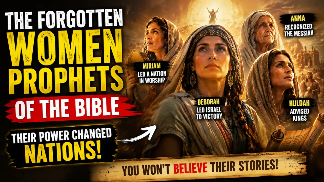 image showing powerful women prophets of the Bible including Deborah, Miriam, Anna, and Huldah with dramatic golden lighting, ancient biblical setting,