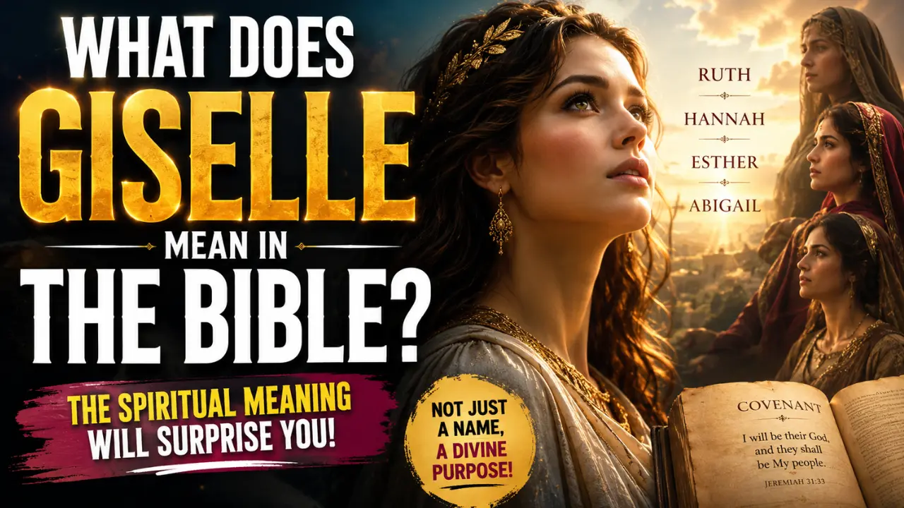 Cinematic Christian feature image showing a graceful woman beside biblical imagery with bold text about the spiritual meaning of Giselle in the Bible and themes of covenant, devotion, and faithfulness.