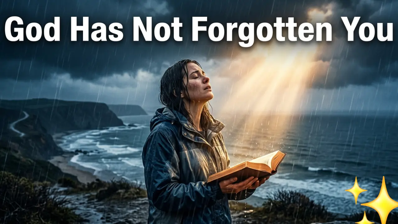 Person holding an open Bible under storm clouds with golden light symbolizing God’s faithfulness and hope during difficult seasons.