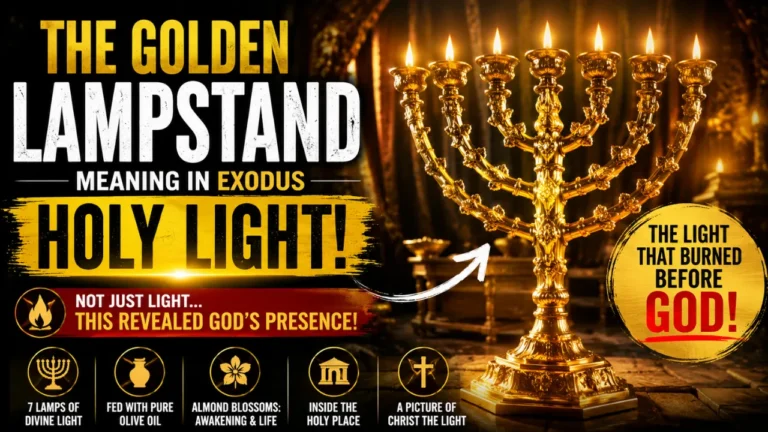 Cinematic illustration of the golden lampstand in the tabernacle glowing with holy light inside the Holy Place, symbolizing God’s presence and Christ as the light of the world.