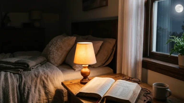Open Bible with Psalm 121 beside a lamp at night symbolizing prayer for peaceful sleep and God’s protection