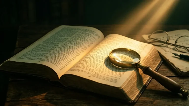 Open Bible with symbolic crowns representing the Crown of Life, Crown of Righteousness, and other biblical crowns during a Bible study session.