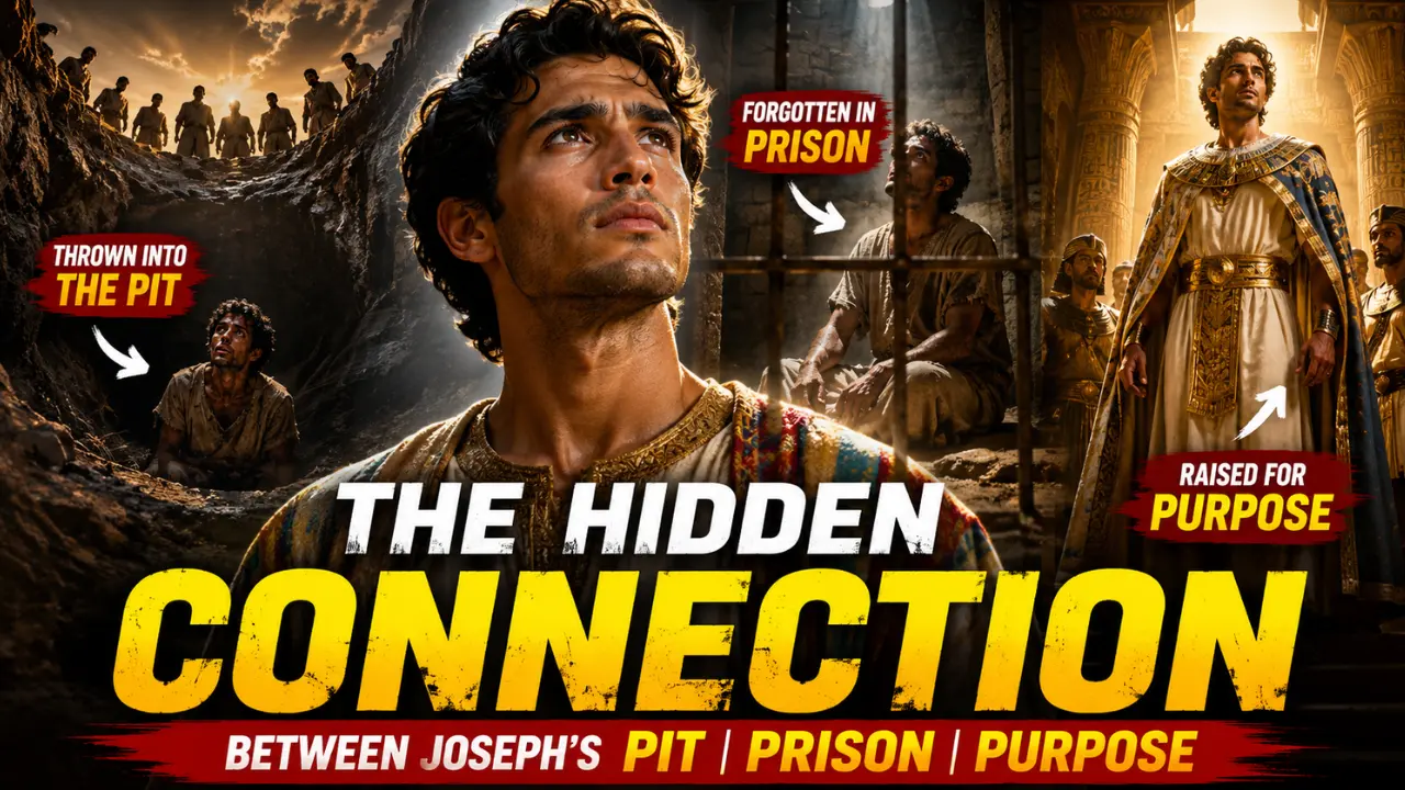 Cinematic image of Joseph rising from the pit and prison to purpose in Egypt with dramatic biblical storytelling scene