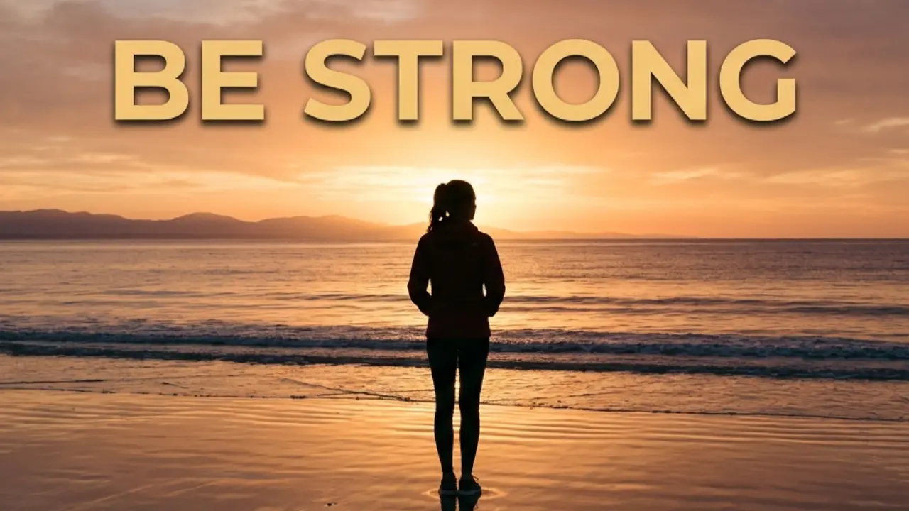 Person standing at sunrise representing strength and courage from Joshua 1:9