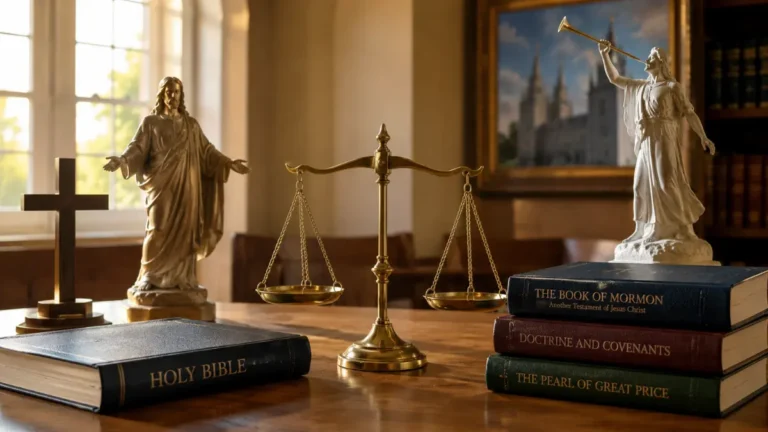 A Bible, LDS scriptures, a Christian cross, and a balance scale arranged on a wooden table to represent a respectful comparison of Latter-day Saint and historic Christian beliefs.